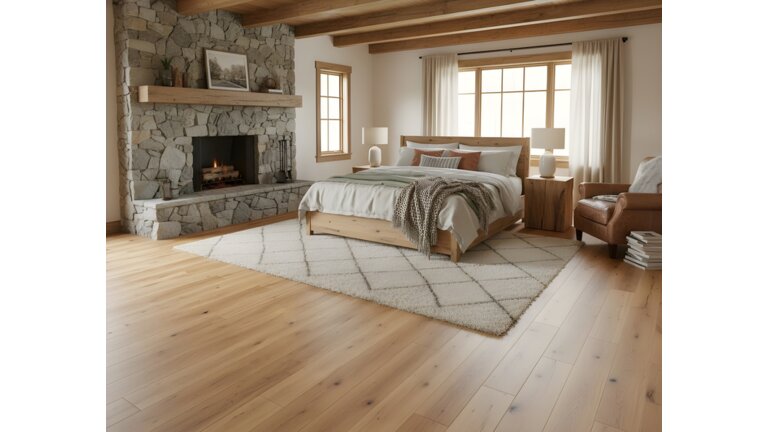 Schlafzimmer, beige, Bett, Kamin
